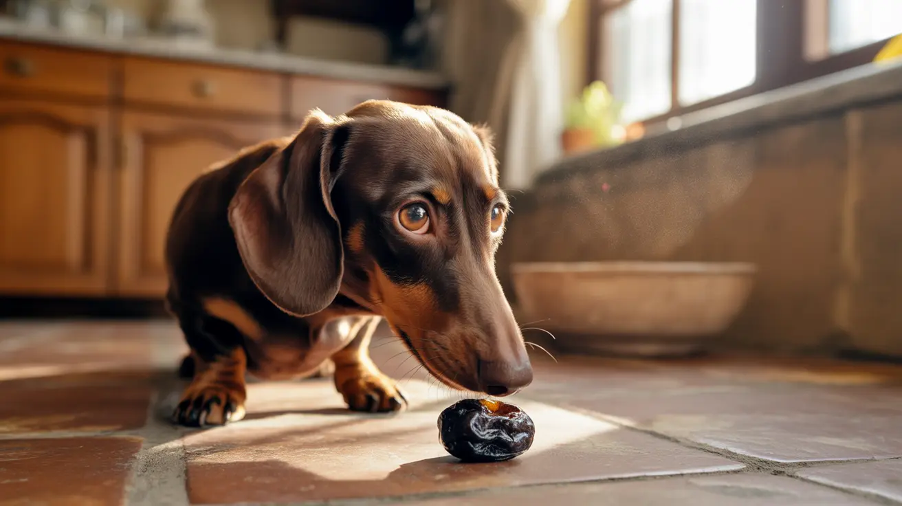 チョコレート＆タンのダックスフンドの子犬が台所の床に落ちている黒い物体を好奇心旺盛に覗き込みながら調べている様子