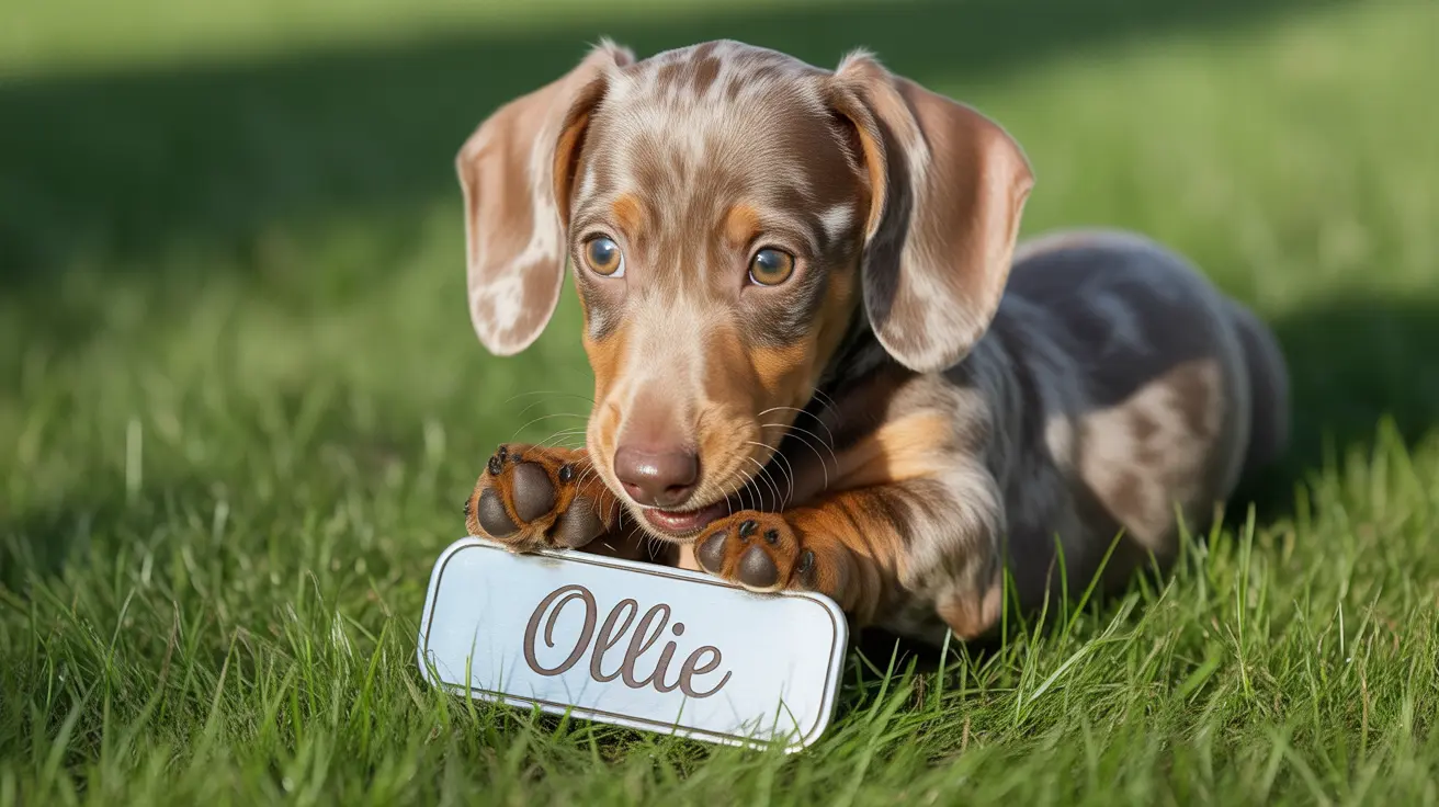 Un cachorro joven de teckel acostado sobre la hierba con una etiqueta de nombre personalizada que dice 'Ollie'.