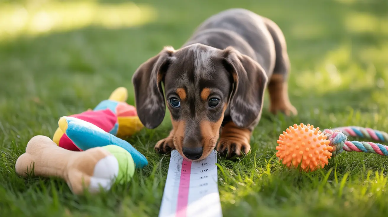 Cute dachshund puppy sitting on green grass with colorful dog toys and looking at a measuring tape