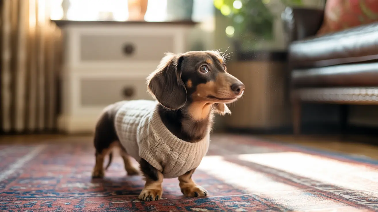 A small black and tan Dachshund puppy wearing a beige knitted sweater, standing on a patterned rug indoors.