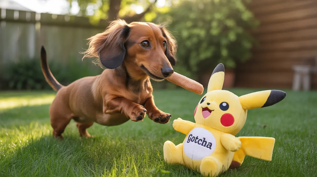 A playful Dachshund puppy mid-leap towards a Pikachu plush toy in a backyard setting