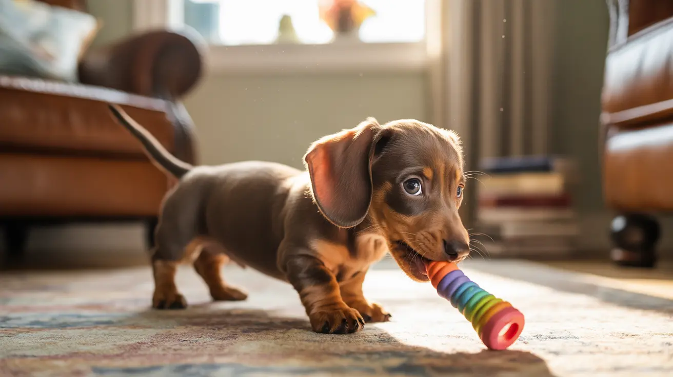日当たりの良いリビングルームのカーペットの上で、カラフルな虹色のおもちゃで遊んでいるかわいいミニチュア・ダックスフンドの子犬