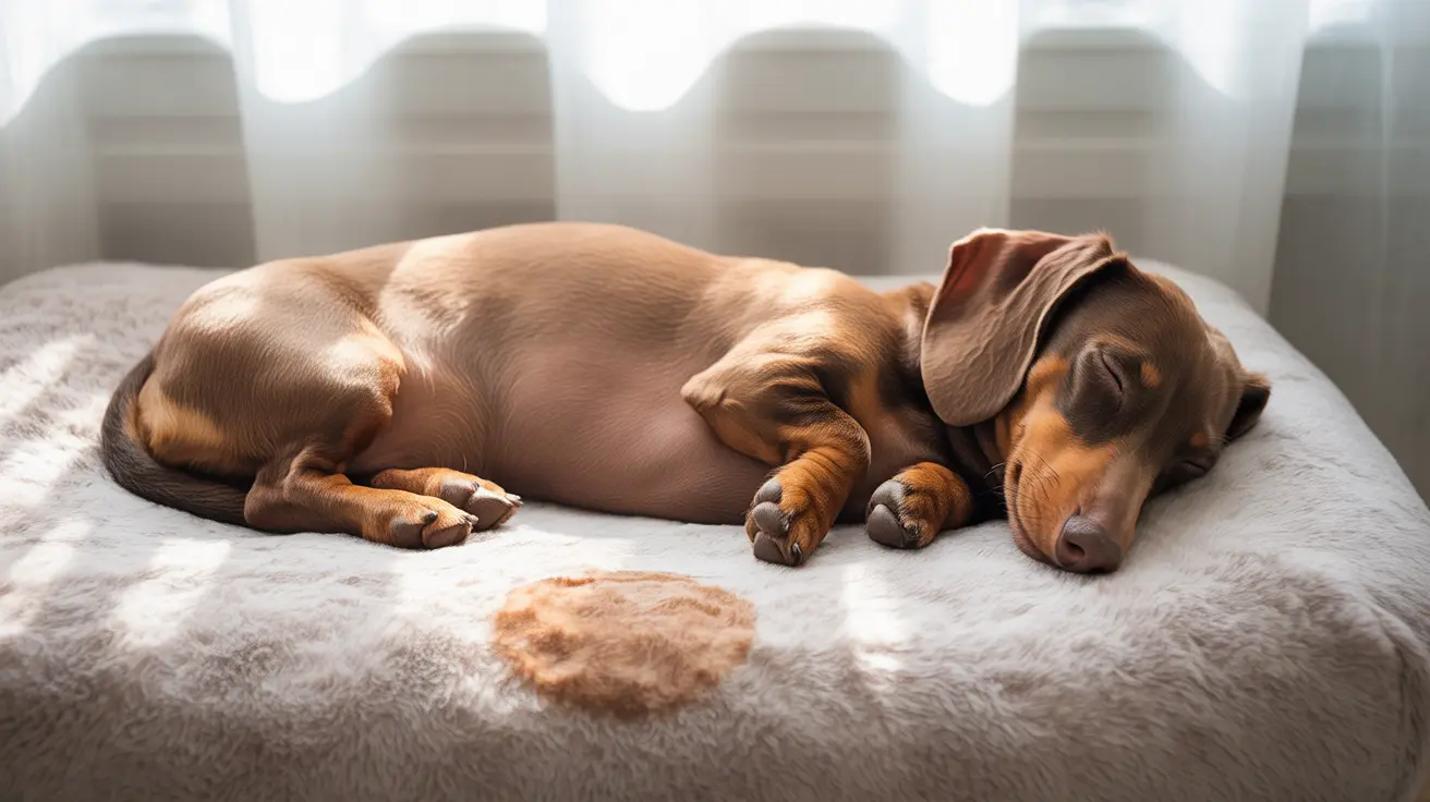 Un chiot Teckel endormi, recroquevillé sur une couverture douce et moelleuse près d'une fenêtre.