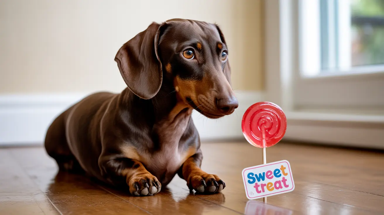 A chocolate and tan Dachshund sitting next to a large red lollipop labeled 'Sweet Treat'