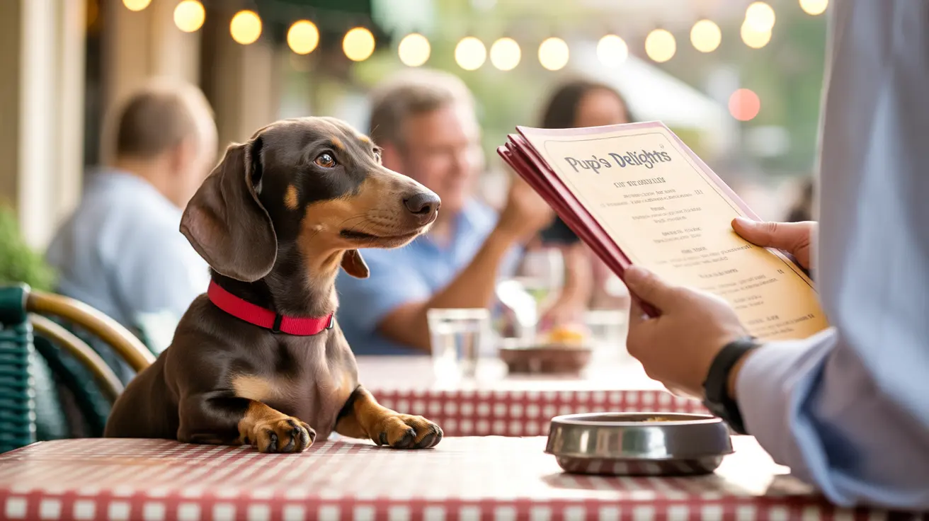 Un Teckel assis à une table dans un restaurant, portant un collier rouge, avec un menu tenu à proximité