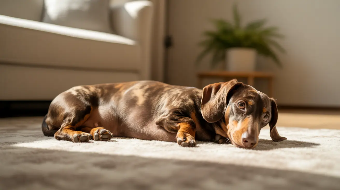 A dachshund lying peacefully on a soft carpet in a bright, minimalist living room.