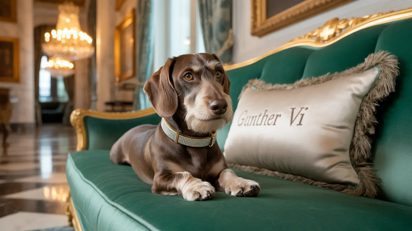 Regal Dachshund sitting elegantly on a green velvet couch in an opulent, chandelier-lit room