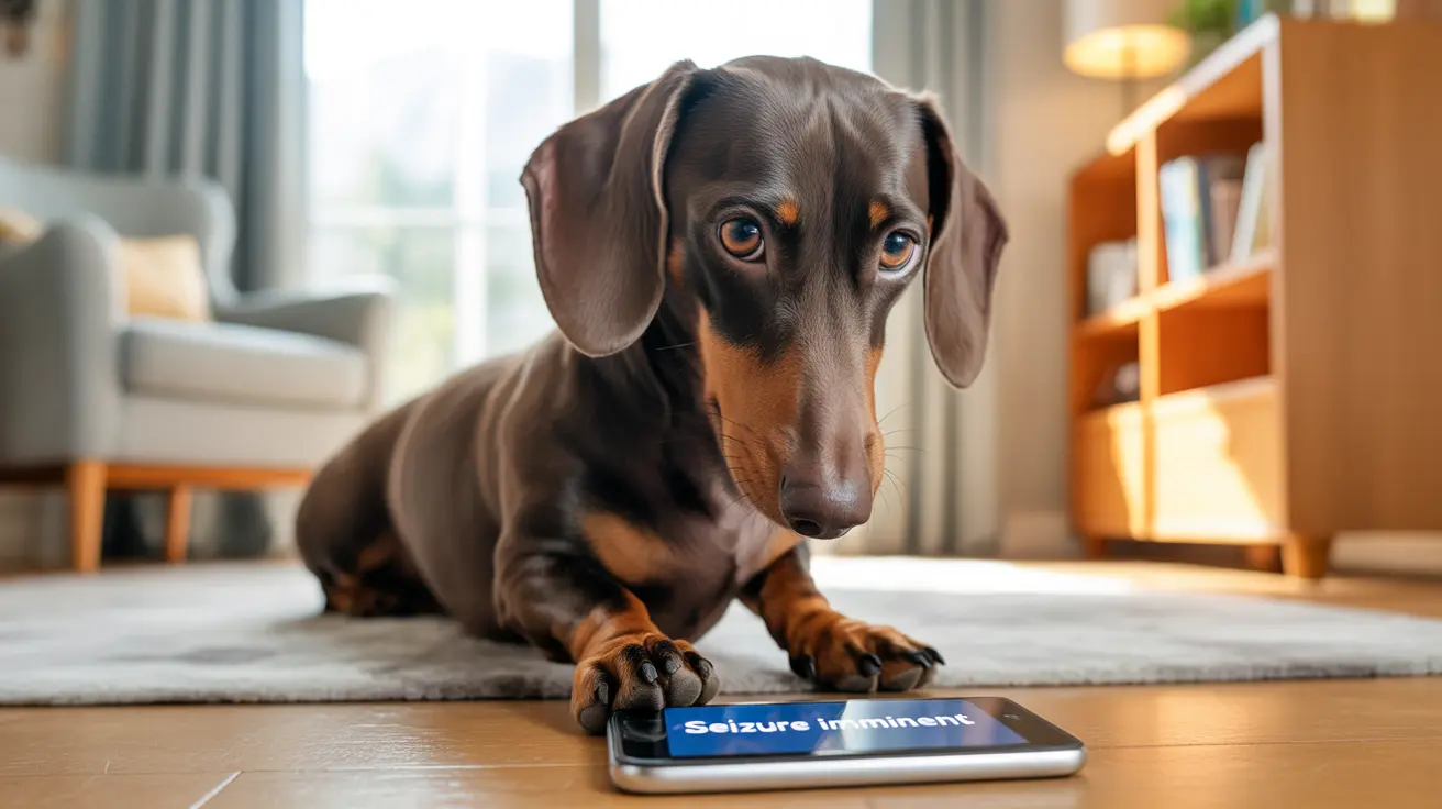 Black and tan Dachshund sitting attentively on a gray rug beside a tablet displaying 'Seizure Imminent'