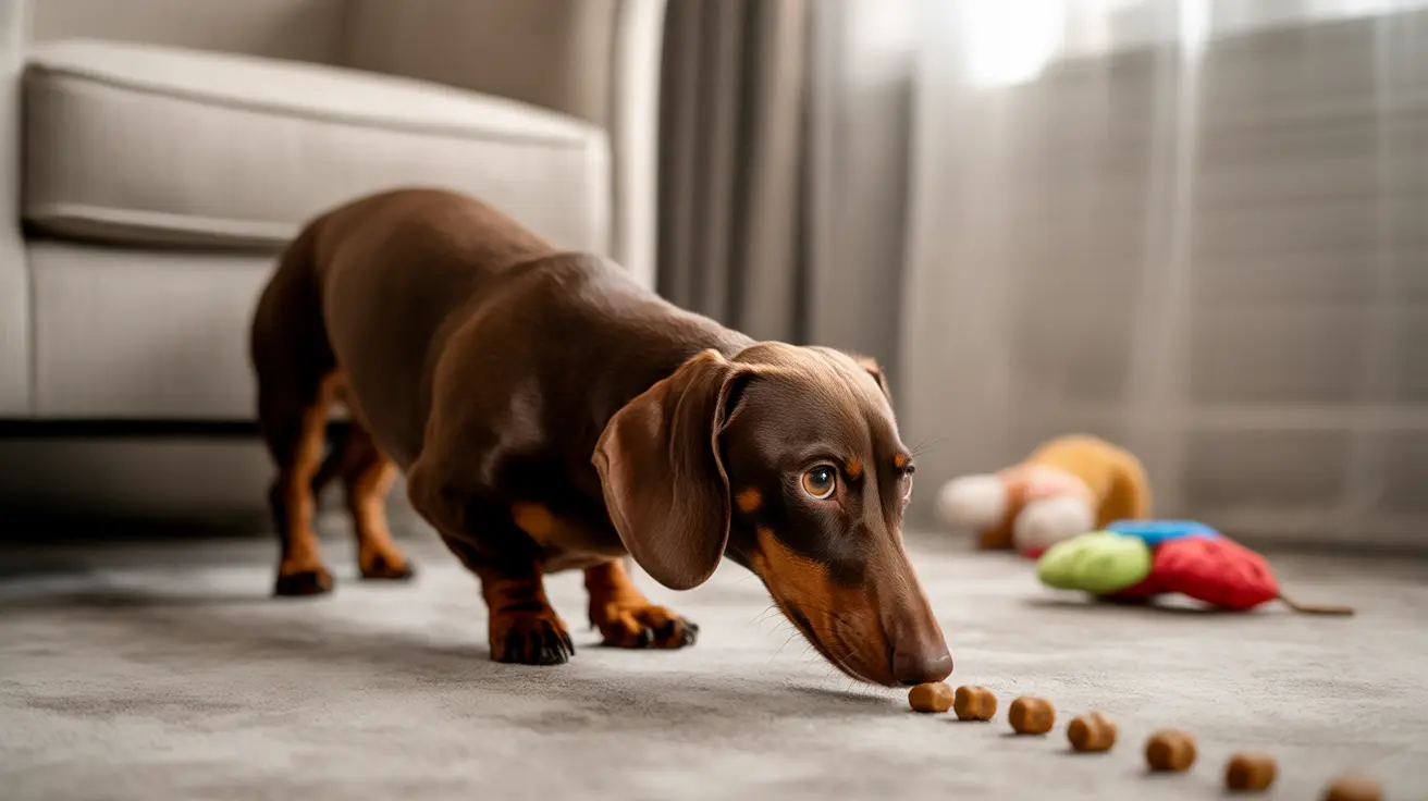 Brown and tan Dachshund sniffing and eating small treats on a kitchen floor