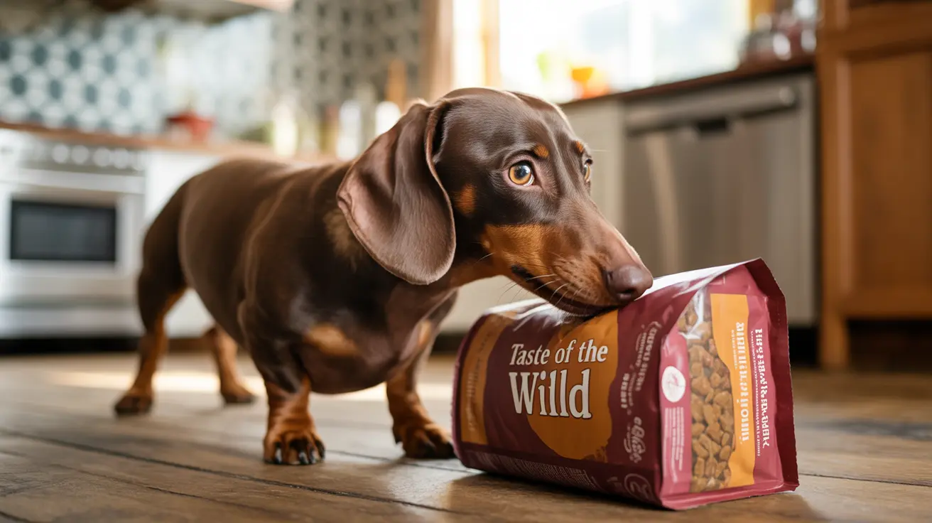 A chocolate and tan Dachshund standing next to a bag of Taste of the Wild dog food in a kitchen