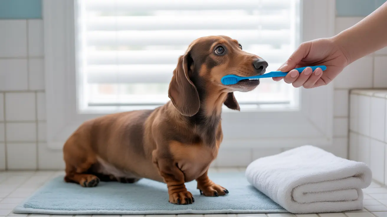 Short-haired dachshund sitting on a blue towel while a hand holds a blue toothbrush near its mouth