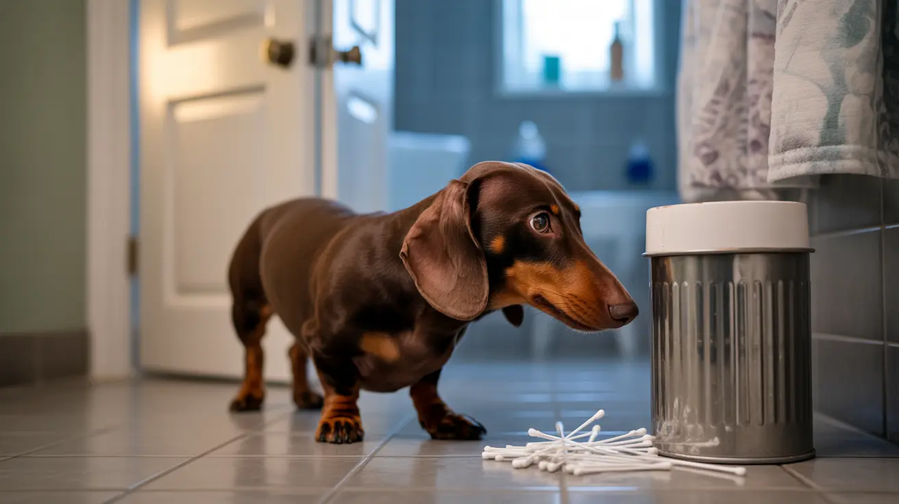 Chocolate and tan Dachshund standing beside a trash can with cotton swabs scattered on a tiled floor