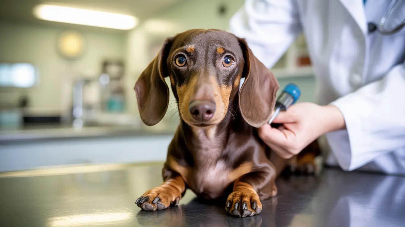 A dark brown and tan Dachshund sits on an examination table during a veterinary check-up.