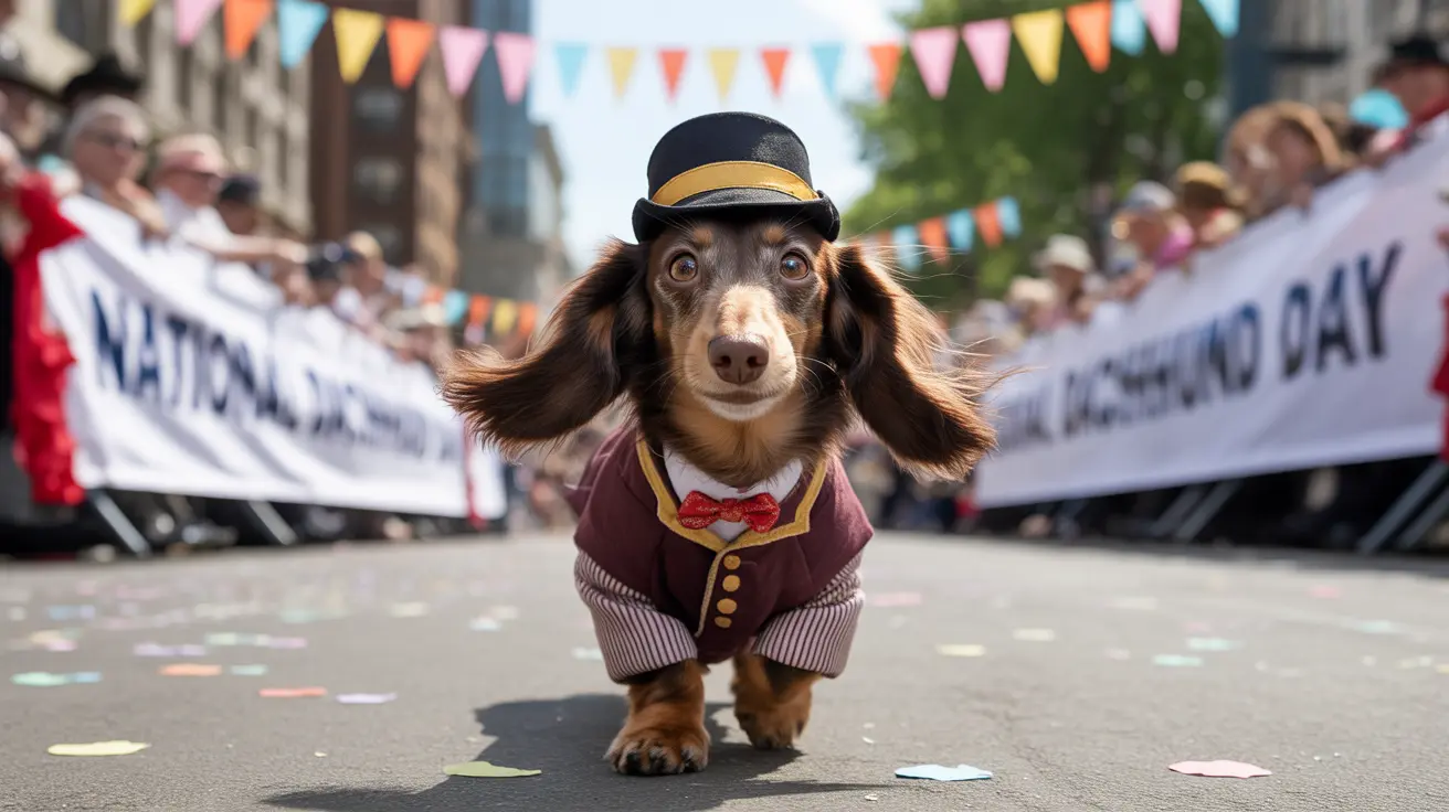 A dapper dachshund dressed in a vintage-style outfit with a bowler hat at a festive street event