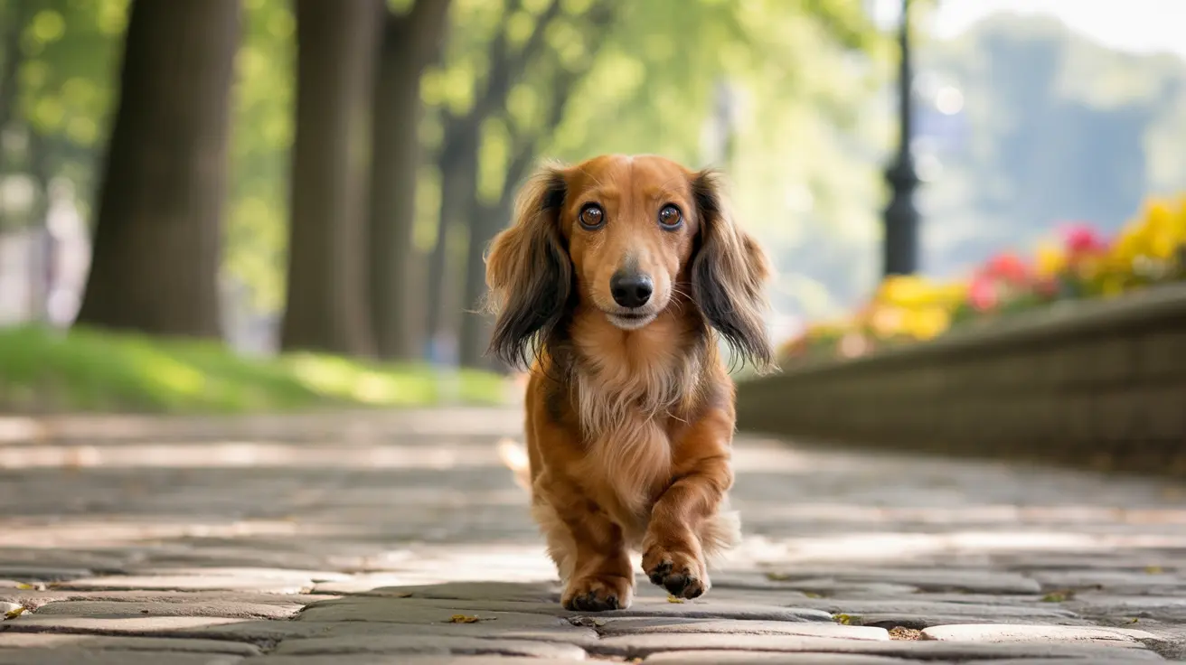 A long-haired dachshund walking confidently on a stone pathway in a leafy park setting.
