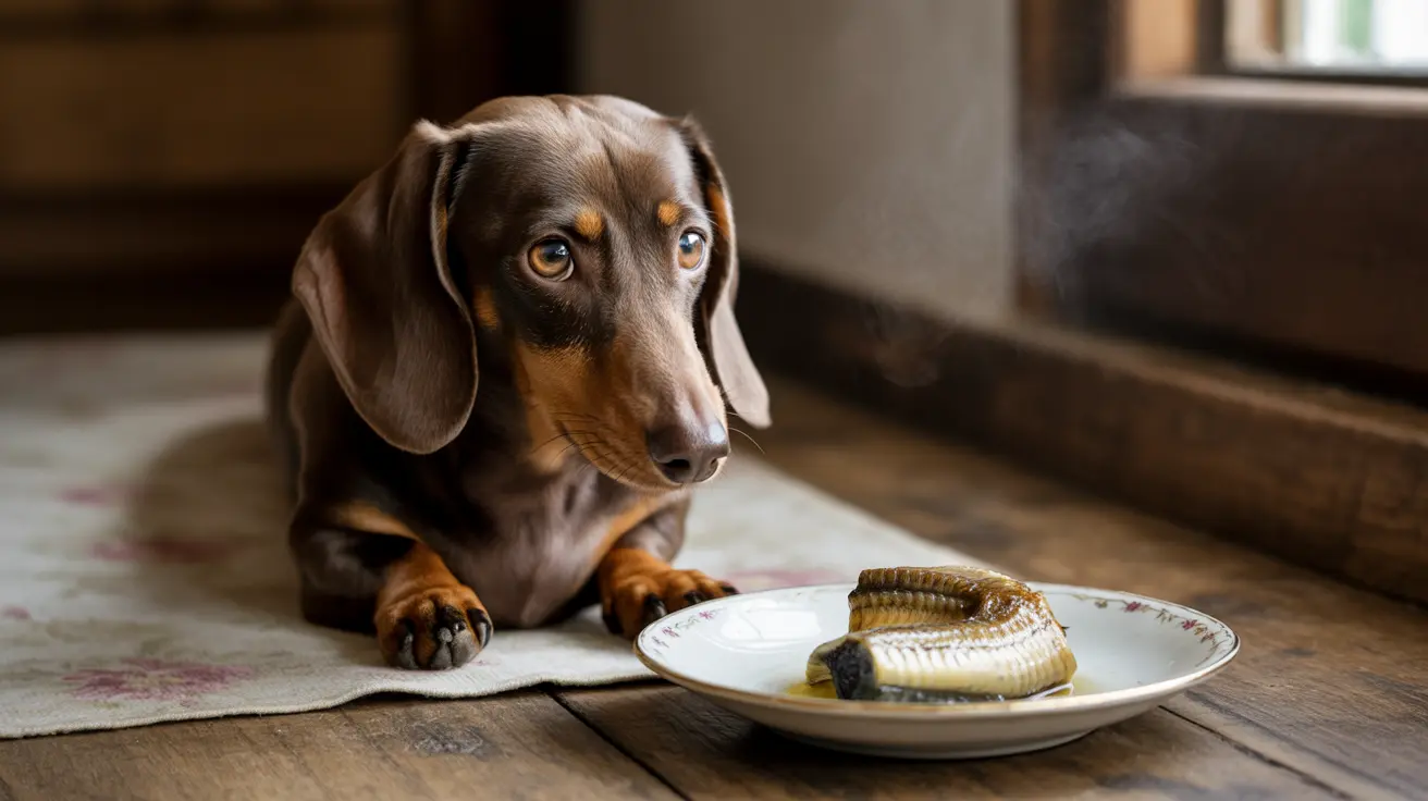 Un teckel chocolate y canela sentado atentamente cerca de un plato con un pez encima