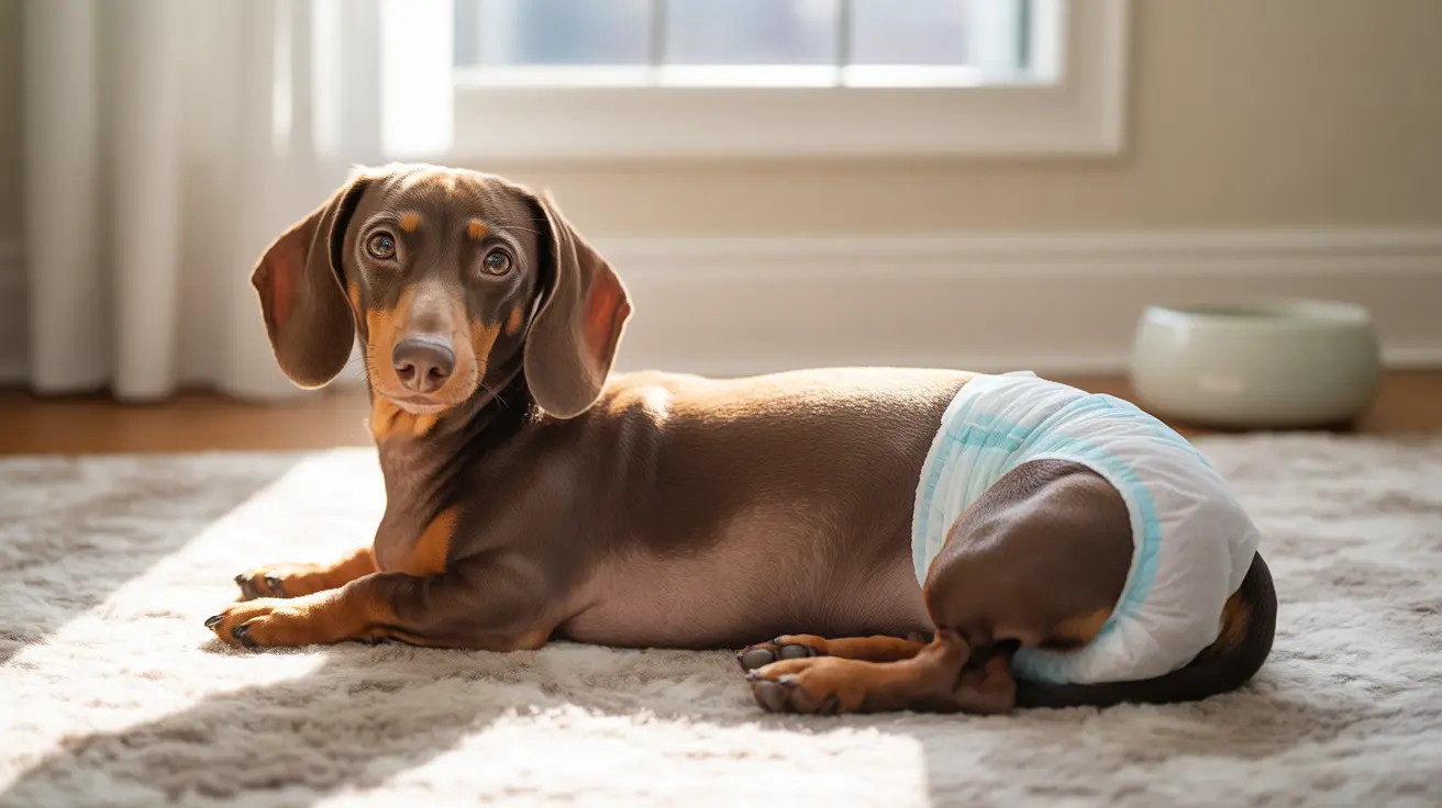 A dachshund wearing a diaper sits calmly on a carpet near a window.