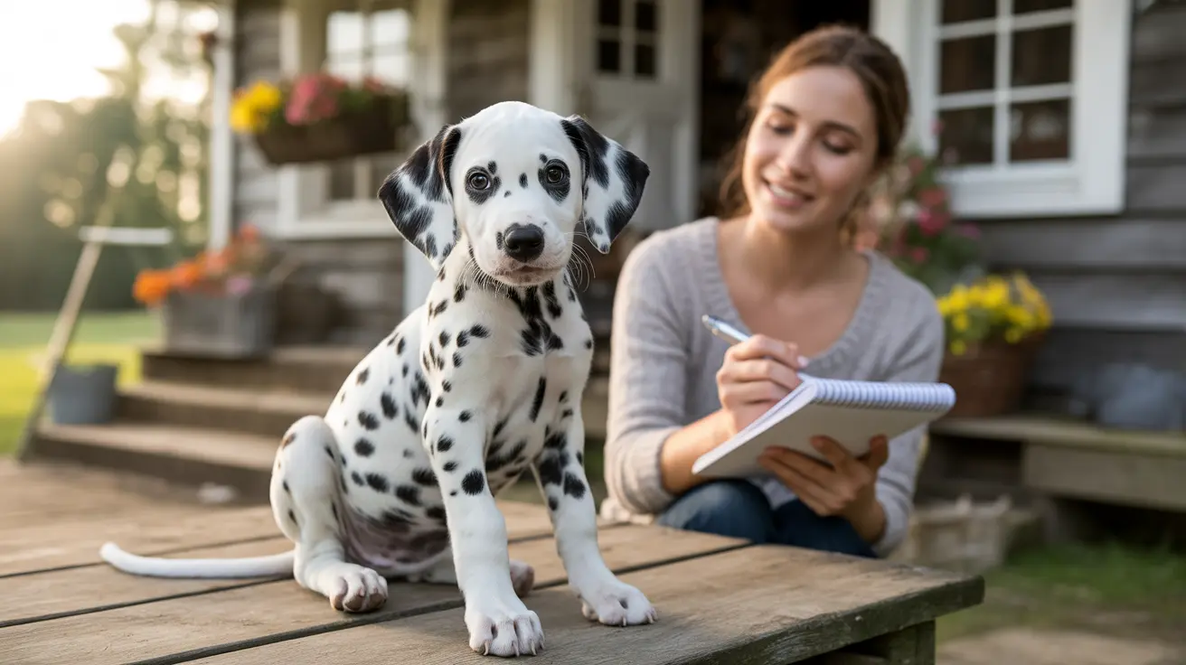 A young Dalmatian puppy sitting attentively on a wooden deck while a person writes in a notebook nearby