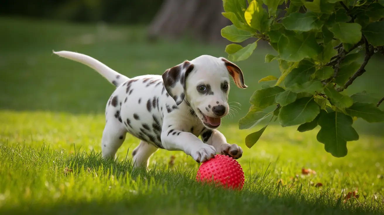 A playful Dalmatian puppy with distinctive black spots is playing with a bright red textured ball on a green grassy lawn.