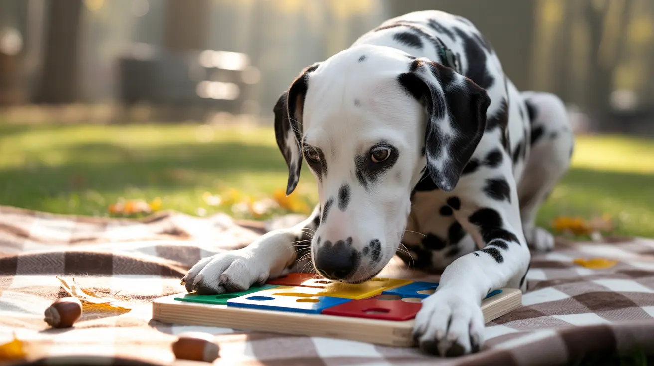 ダルメシアンの犬が屋外のチェック柄ブランケットの上に座り、カラフルなパズルボードに集中している様子