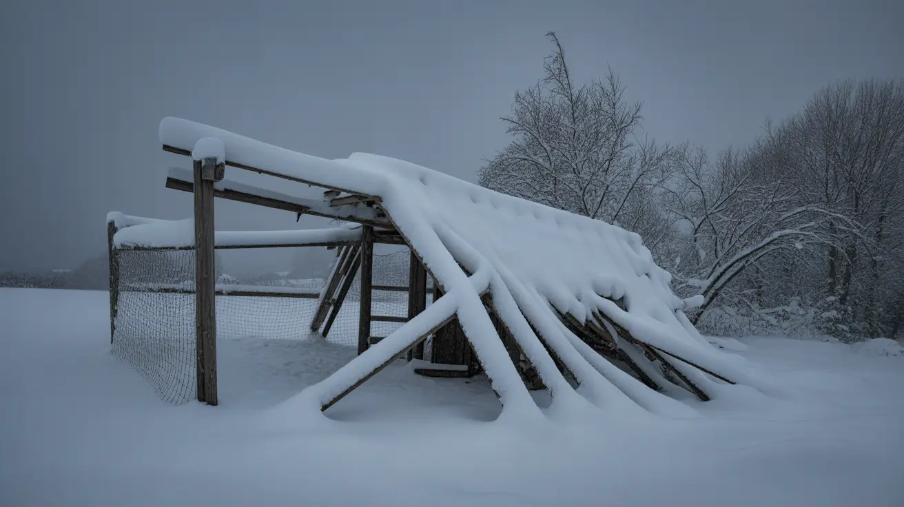 Collapsed animal enclosures covered with heavy snow at Brockswood Animal Sanctuary after Storm Goretti