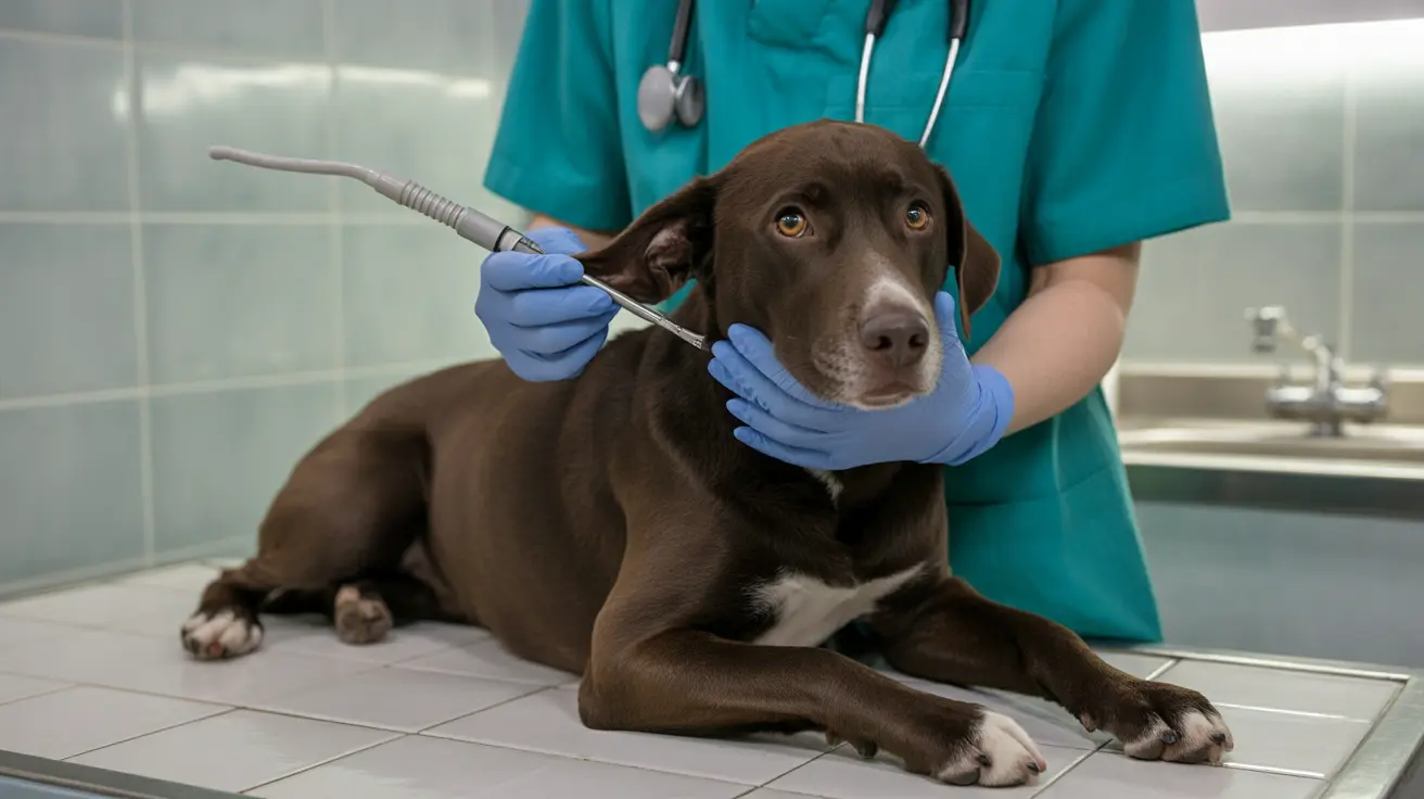Veterinary dermatologist examining a dog's skin in a pet clinic