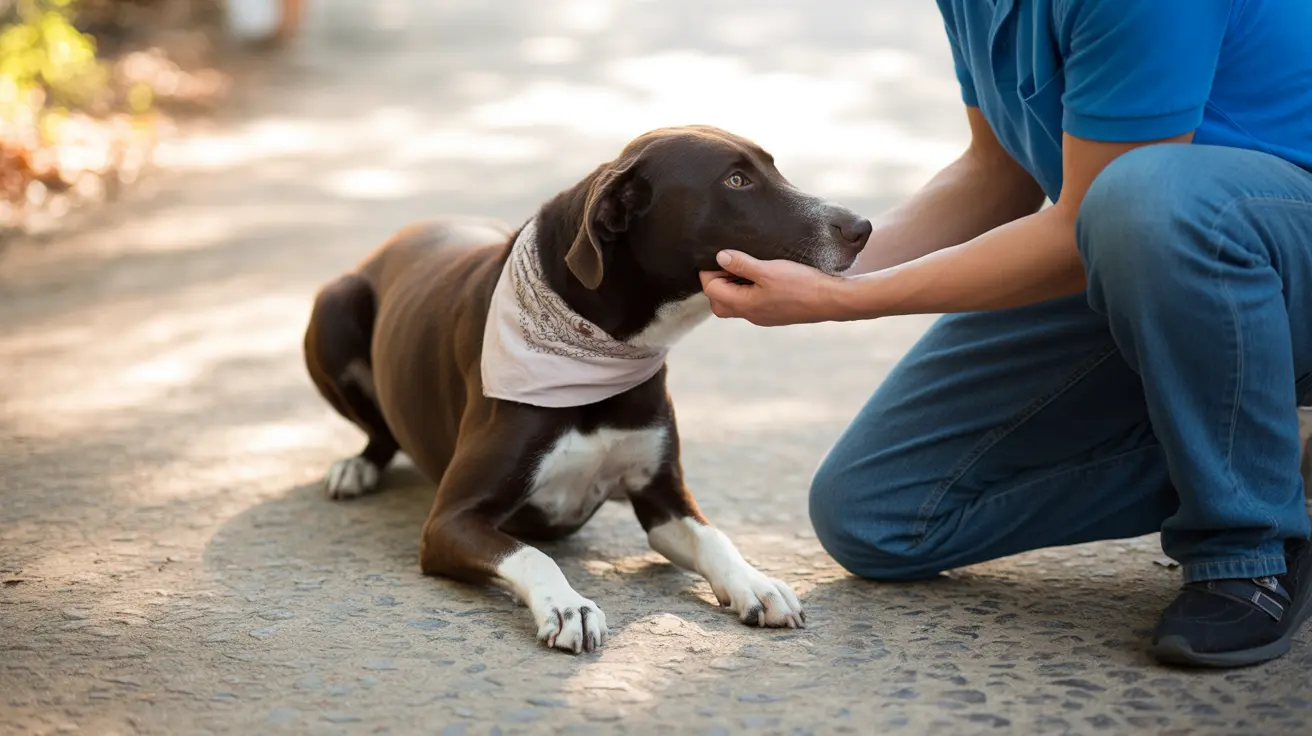 A family warmly caring for a foster dog inside a festive holiday-decorated home