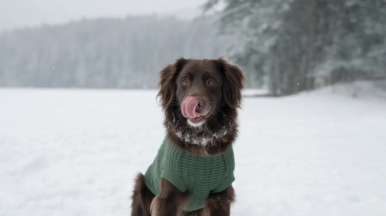 Pet owner dressing dog in winter protective clothing during snowy weather