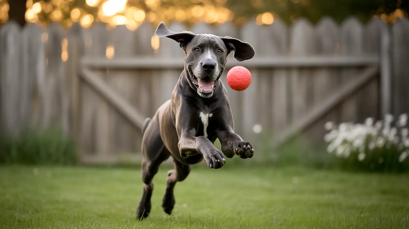 Energetic dark-colored dog leaping mid-air to catch a red ball in a backyard