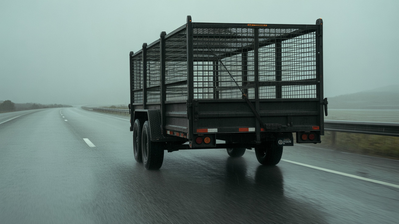 Dog being transported in an open trailer in cold weather conditions