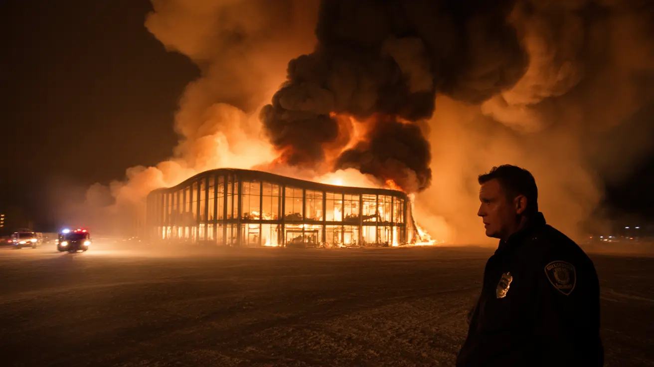 Un oficial de policía observando un gran edificio envuelto en llamas con humo naranja dramático y vehículos de emergencia respondiendo de noche.