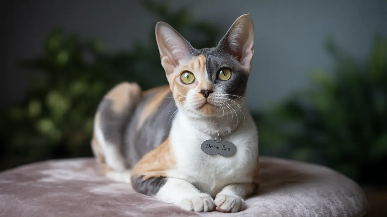 Tri-colored Devon Rex cat sitting on a soft pink cushion