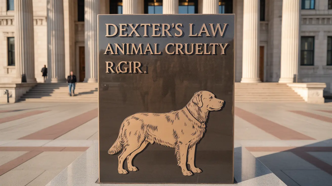 Una placa conmemorativa de bronce para el Registro de Crueldad Animal de la Ley de Dexter frente a un edificio gubernamental con columnas clásicas.