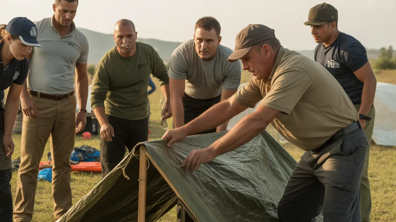 A group of people setting up a military-style tent during an outdoor training exercise