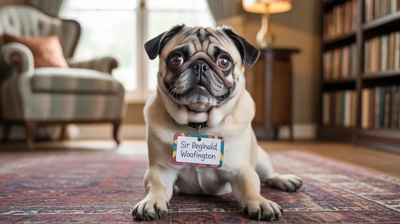 A distinguished Pug wearing a name tag that reads 'Sir Reginald Woofington' sits on a decorative rug in a cozy living room.