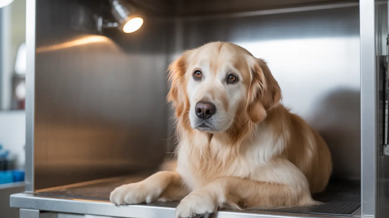 Um Golden Retriever deitado calmamente dentro de um canil ou caixa veterinária de aço inoxidável