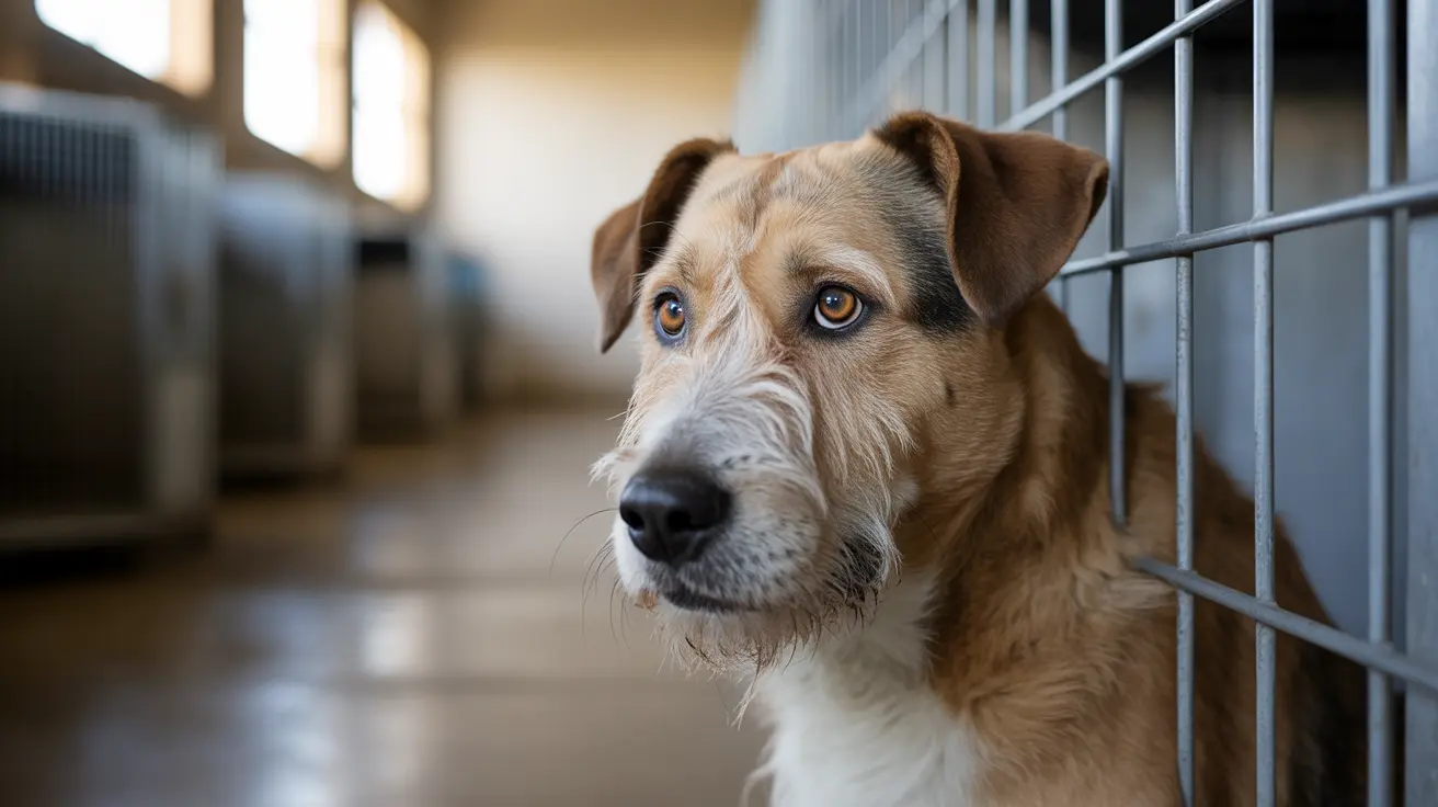 Un perro de raza mixta marrón y blanco con ojos ámbar mirando a través de los barrotes de una jaula en un refugio de animales