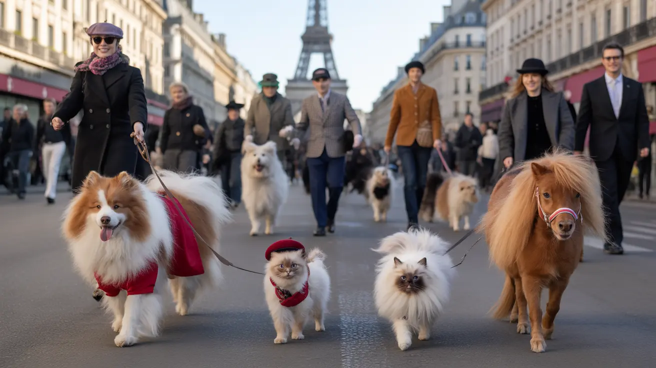 Parade of diverse pets and their owners walking along Paris's Champs-Élysées in colorful attire