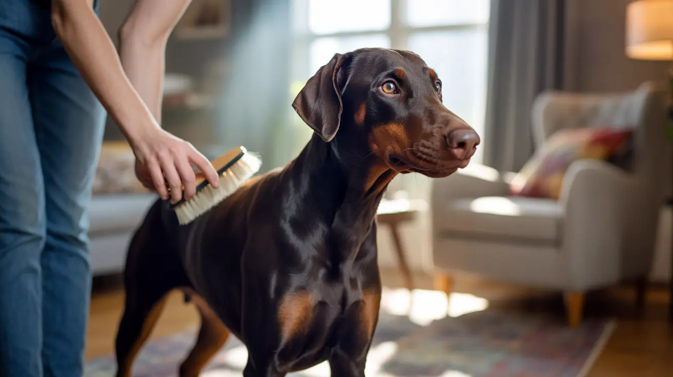 A dark-colored Doberman Pinscher being brushed by a hand holding a grooming brush inside a home.