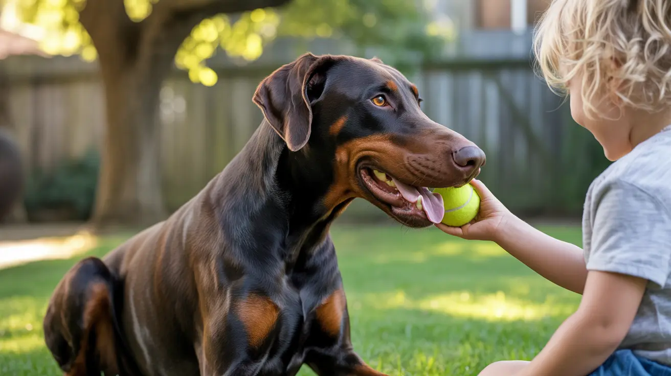 A Doberman Pinscher holding a tennis ball with a child's hand touching it