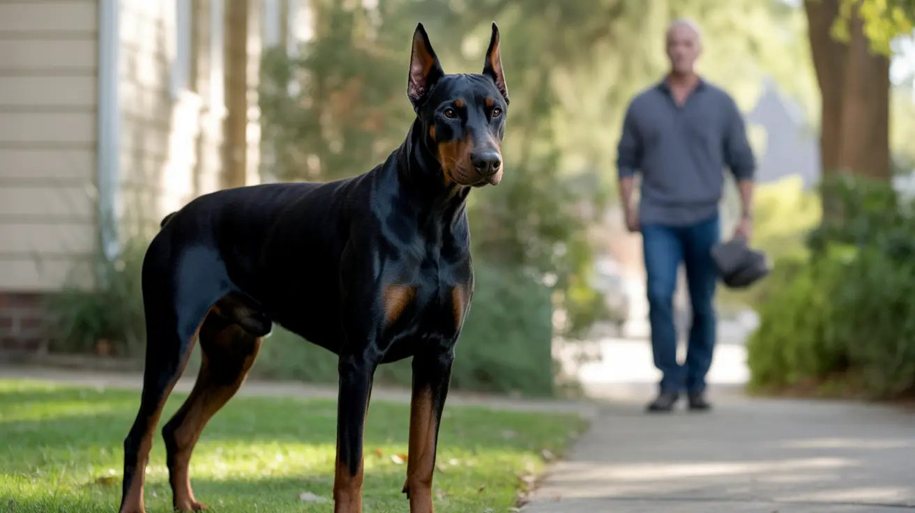 Un dóberman pinscher negro y fuego en posición alerta en un patio residencial, con una persona al fondo.