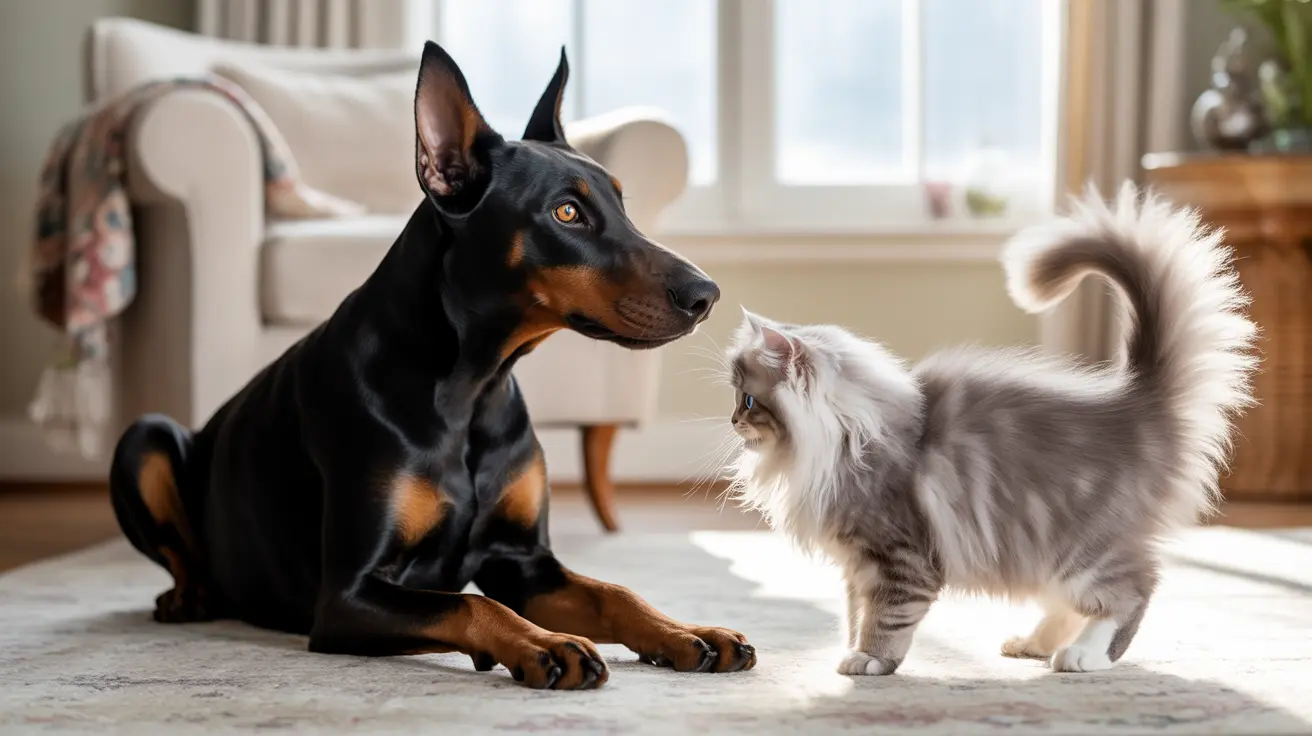 Un doberman negro y fuego está sentado tranquilamente junto a un gato blanco de pelo largo y esponjoso, ambos lucen alertas en una sala de estar luminosa.