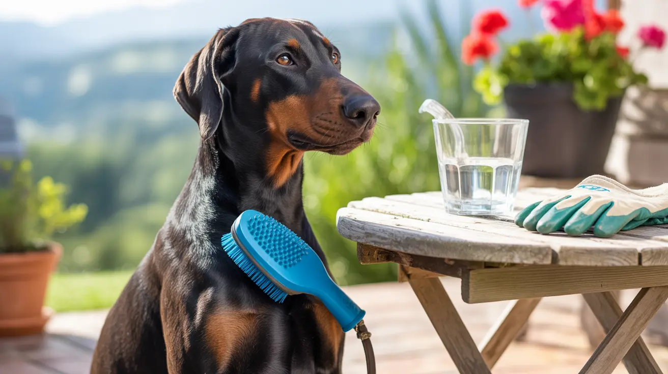 A Doberman Pinscher sitting next to a grooming brush and water glass on an outdoor wooden table