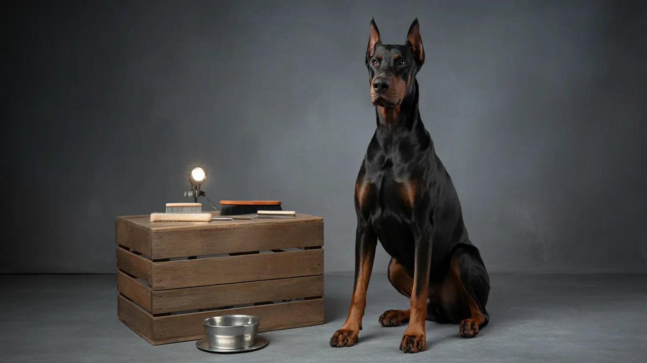 A regal Doberman Pinscher sitting attentively next to a wooden crate with grooming supplies and a metal dog bowl