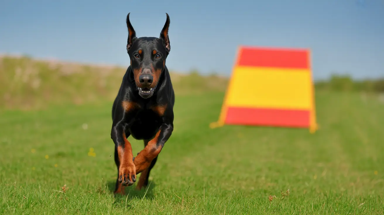 A black and tan Doberman Pinscher running dynamically across a grassy field with an agility training obstacle in the background