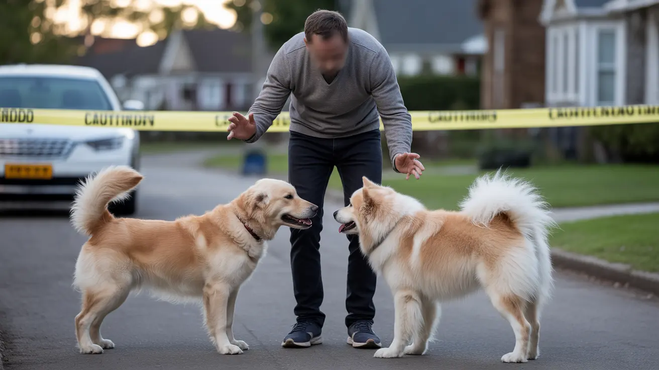 Two dogs standing on a residential street with a person in the middle and caution tape in the background