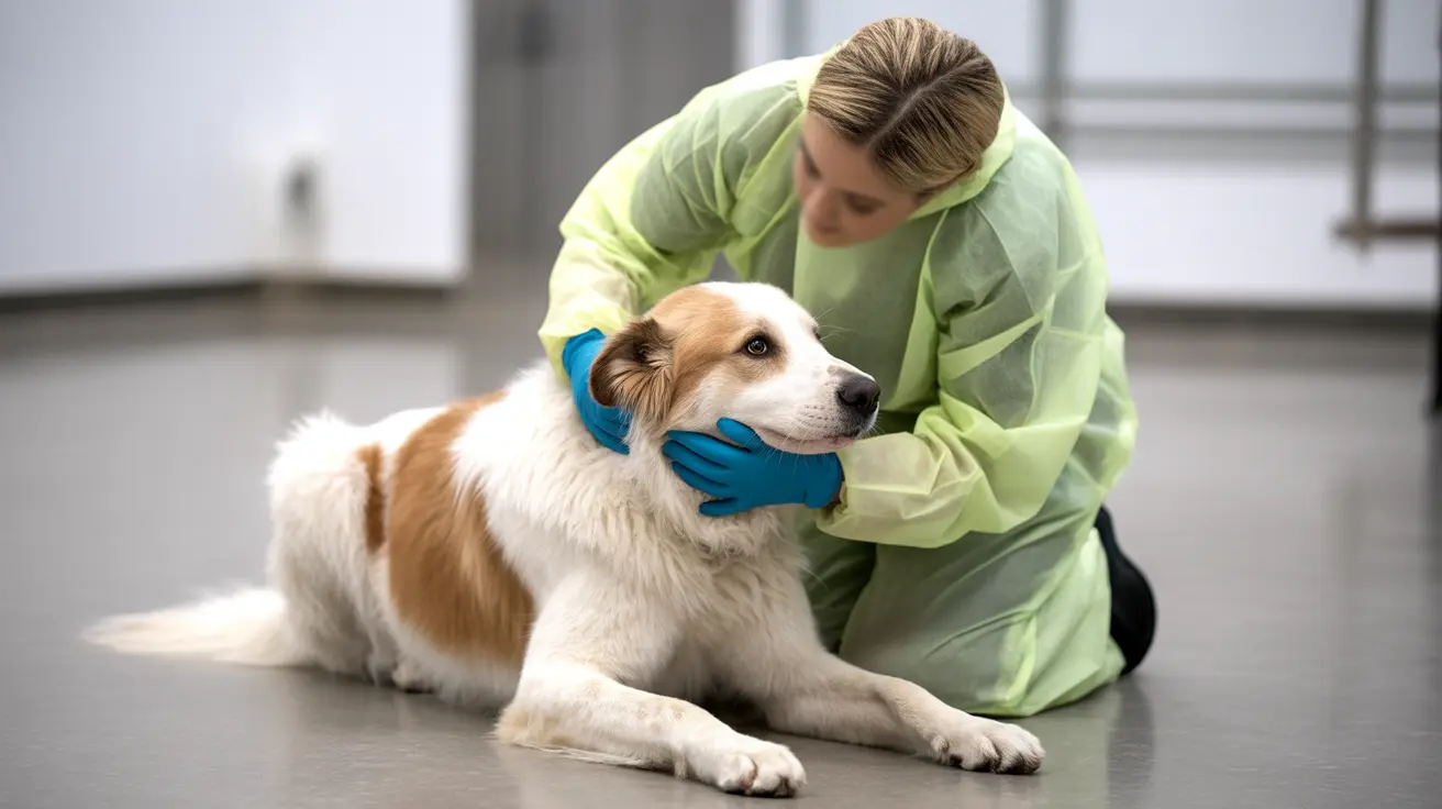 緑色のスクラブを着た獣医が、獣医クリニックの診察台に横たわる白と茶色の犬を診察している様子
