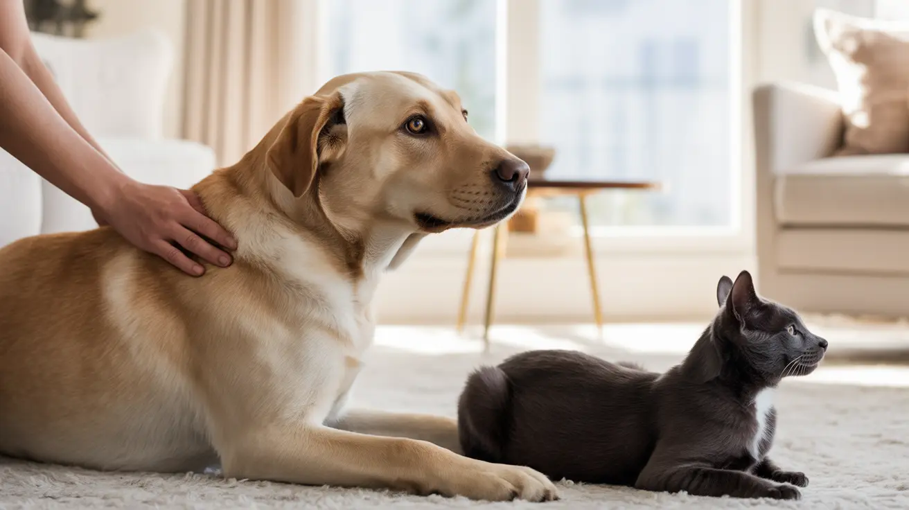 A dog and a cat peacefully interacting in a green outdoor setting