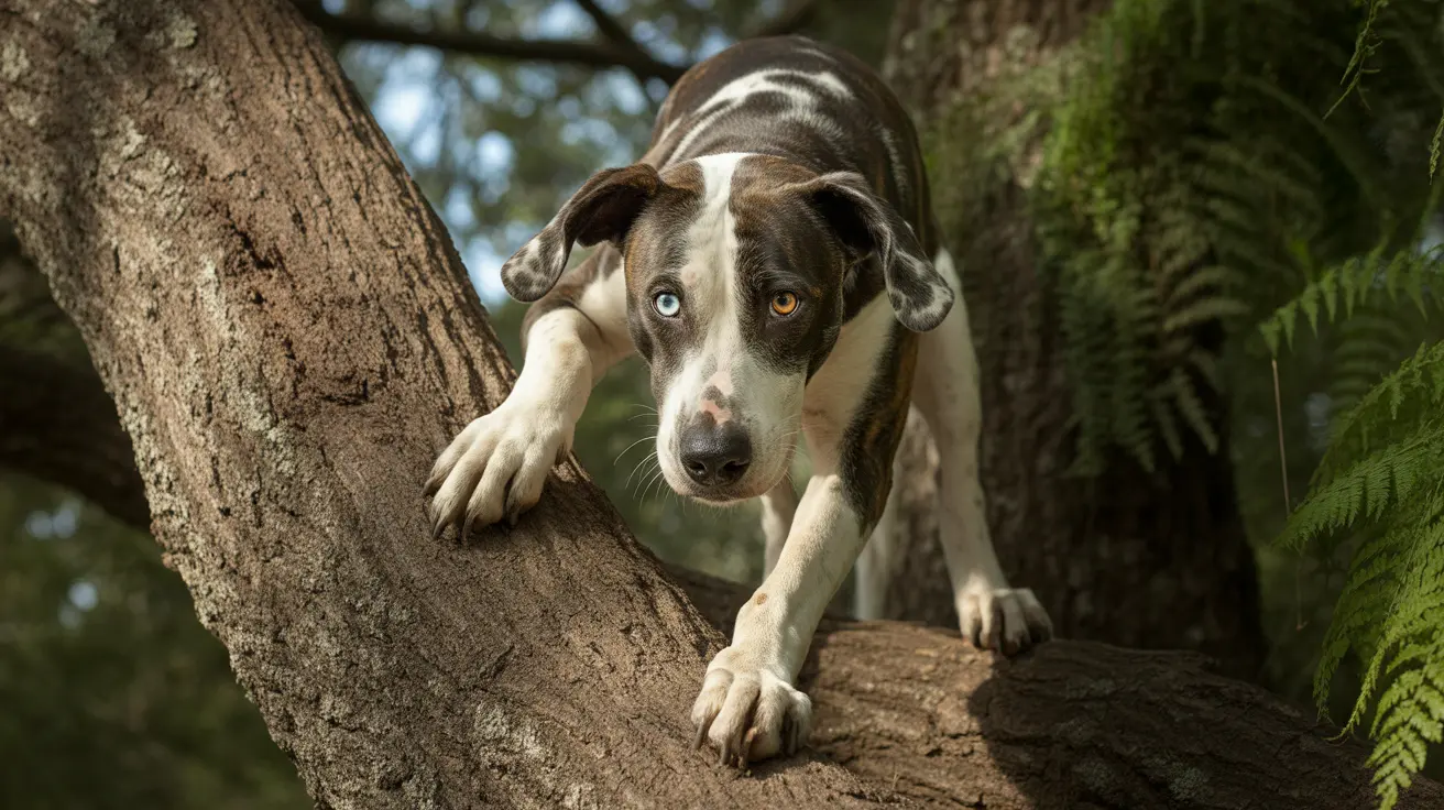 オッドアイの目を持つ印象的な犬が木の枝の上にとまり、カメラをまっすぐ見つめている様子