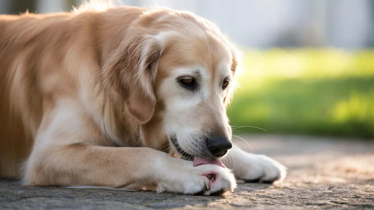 Close-up of a dog licking its paw wound